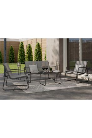 ambia GARDEN Gartenset, Schwarz, Dunkelgrau, Metall, Glas, Textil, 4-teilig, Gartenmöbel, Gartengarnituren, Gartenmöbel-Sets