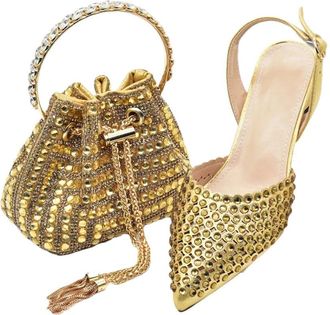 Generic Womens Shoes and Bags Match Set Sparkly Full Rhinestone Handbag Pointed Toe Thick Heel Shoes for Party Wedding Gold