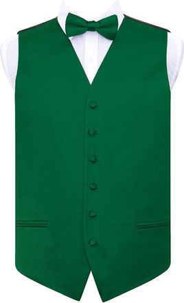 DQT New Plain Mens Emerald Green Wedding Waistcoat & Pre-Tied Bow Tie Set - 40