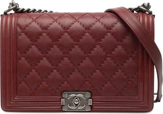Chanel Pre-owned Womens Medium Quilted Lambskin Double Stitch Boy Flap - Dark Red Leather - One Size