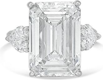 Diana M. Jewels Platinum Lab grown 20ct Emerald diamond ring with heart diamonds on the side and micropave band