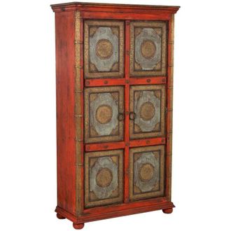 Wanderlust Deco Armario De Madera Tallado Rojo 102x44x183