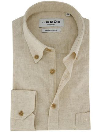 Led&ucirc;b Beige linnen button-down collar overhem Ledub Modern Fit