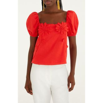 Farm Rio Floral Appliqu&eacute; Linen Blend Short Sleeve Top in Red at Nordstrom, Size Xx-Small