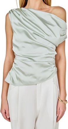 endless rose One-Shoulder Ruched Satin Top in Sage at Nordstrom, Size X-Small