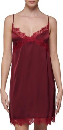 Simone P&eacute;r&egrave;le Lace Trim Satin Chemise in Spinel Red at Nordstrom, Size Large