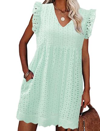 Heekpek Womens Summer Dress Casual V Neckline Ruffle Sleeve Loose Sleeveless Dress Boho Floral Sundress Beach Mini Short Dresses for Holiday Daily, Green, M