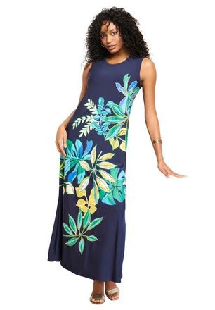 Roaman's Plus Size Sleeveless Crew Neck Maxi Dress in Navy Bold Leaves at Nordstrom, Size 28