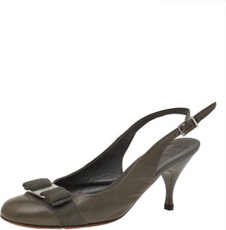 Ferragamo Grey Leather Vara Bow Slingback Pumps
