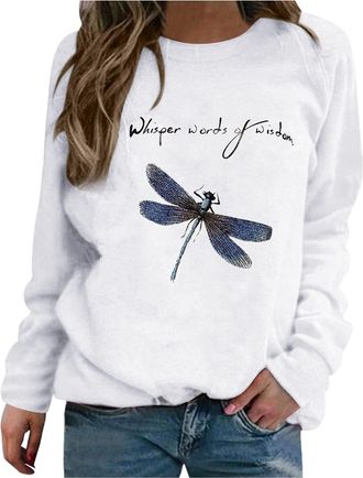 Generic Sweatshirts for Women Autumn Winter Casual Pullover Blouses Tops Womens Crewneck Printed Long Sleeve Jumpers Loose Sportswear Size 10-20 UK White