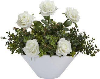 Nearly Natural Roses & Eucalyptus Artificial Arrangement In White Vase