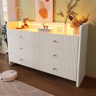 Matteo Modern Fluted Sideboard - RGB LED, 6 Drawers & Shelf - White