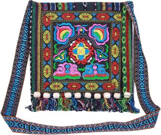 Generic Ethnic Embroidered Bag With Striped Fabric Embroidered Single Shoulder Tassel Tea Bag Shoulder Bag for Men (Blue, One Size)