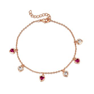 Rachel Glauber Ra 18k Rose Gold Plated With Ruby & Diamond Cubic Zirconia Heart Dangle Charm Adjustable Bracelet