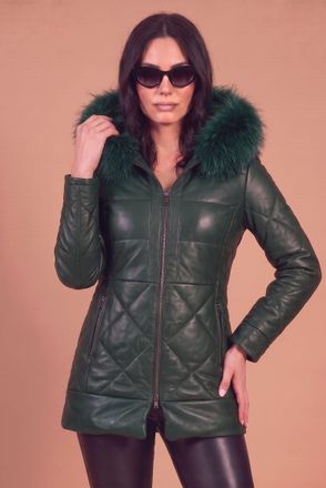 D'Arienzo Piumino in pelle naturale verde con cappuccio bordato pelliccia DArienzo, Seleziona Taglia S, Colore Verde