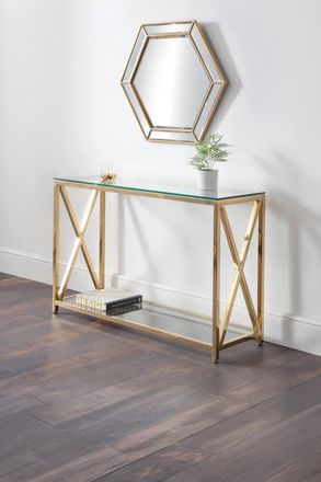 Julian Bowen Miami Glass Top Cross Frame Console Table with Shelf in Gold
