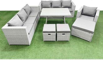 Fimous Outdoor Rattan Garden Furniture Dining Set 10-seater Patio Rectangular Table 3 Seater Sofa Armchair Set with 3 Stools - Fimous