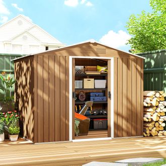 OUTSUNNY 8 x 6ft Garden Storage Shed with Double Door Brown Wood Effect in Dark Brown