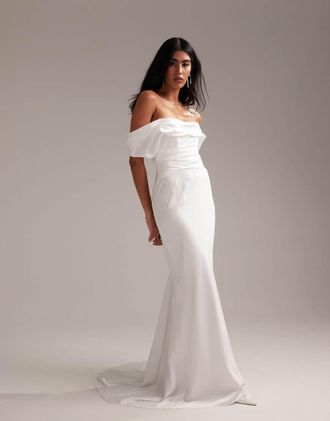 Asos bardot draped satin maxi wedding dress in white