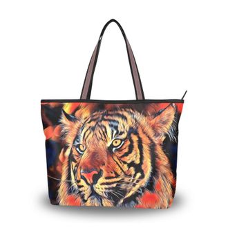 Alaza Large Tote Bag, Women Shoulder Bag Big Capacity Casual Handbags, Tiger Art Shopping Tote Bag with Pockets Zip,L