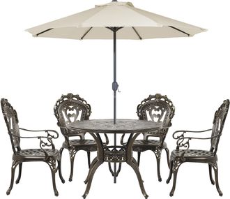 Beliani Conjunto De Comedor 4 Plazas De Metal Marr&oacute;n Verde Beige Sillas Sombrilla Sapri