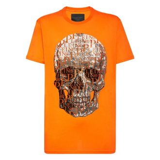 Philipp Plein Tops, unisex, Oranje, M, Katoen, T-shirt Ronde Hals SS Skull and Plein met Kristallen