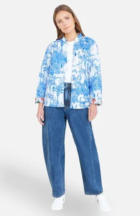 Yumi Palm Reversible Cotton Quilted Jacket in Blue at Nordstrom, Size 12