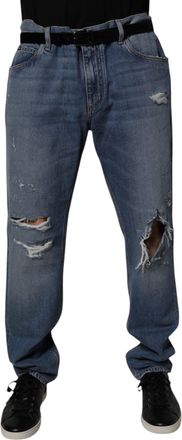 Dolce & Gabbana Mens Blue Tattered Cotton Straight Denim Jeans Lyocell Clothing