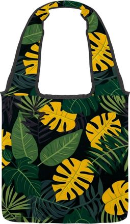 Generic Tropical Leaves Pattern Reversible Canvas Shoulder Tote - Double-Sided Print, 12oz Cotton, 27cm Drop, Fold-Flat Bag for Travel, Shopping, Street Outin