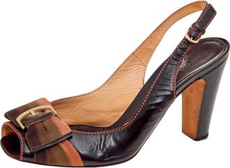 Sergio Rossi Dark Brown Leather And Fabric Peep Toe Sandals