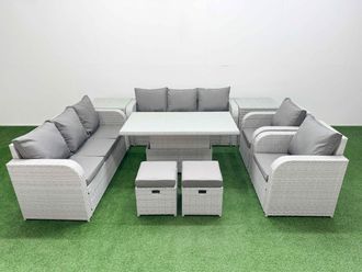 Fimous PE Rattan High Back Lounge Sofa Set Patio Adjustable Lifting Dining or Coffee Table & Chairs Set w/ 3 Seater Sofa Reclining Chair Stools 2