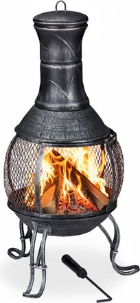 Relaxdays Relaxdays - Chimenea Jard&iacute;n, Brasero, Atizador, Rejilla Protectora, Chimenea Exterior, 89 Cm Altura, Terraza Y Patio, Gris
