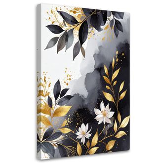 Feeby Cuadro Sobre Lienzo, Hojas De Plantas En Negro Y Dorado Abstracci&oacute;n, 80x120