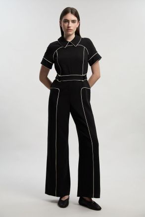 Karen Millen Womens Compact Stretch Contrast Tipped Tab Detail Tailored Jumpsuit - Black - Size 10 UK