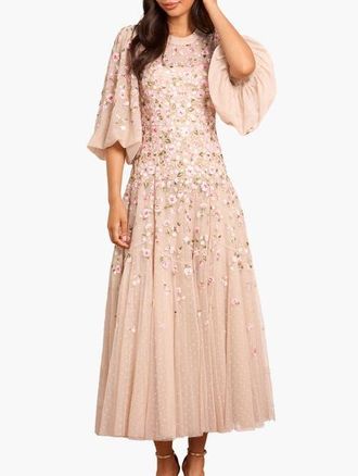 Needle & Thread Sylvia Round Neck Ankle Gown in Oyster/multi at Nordstrom, Size 10