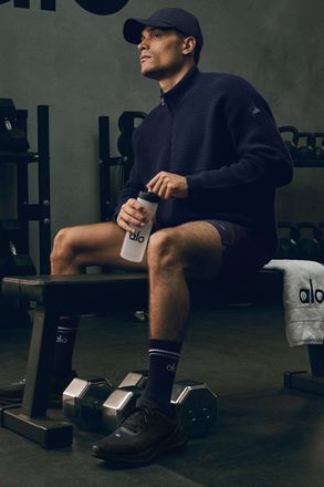 Alo | Domain Shift Rib Knit 1/4 Zip Sweater Top in Navy Blue, Size: Medium