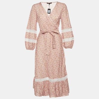 Maje Multicolor Floral Print Linen Blend Wrap Midi Dress