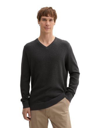 Tom Tailor Strickpullover TOM TAILOR, Herren, Gr. S, schwarz (schwarz grau melange), Strick, Obermaterial: 100% Baumwolle, unifarben, regular fit normal, V-Aussc