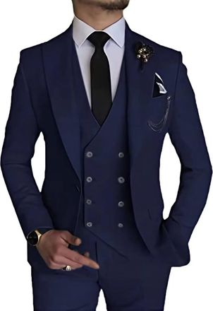 Generic Double Breasted Suit for Men Navy Suits Slim Fit 3 Piece Set