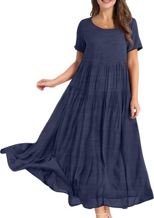 Generic Women Summer Dresses Cotton Casual Bohemian Short Sleeve Floral Long Maxi Swing Sun Dress Plus Size Beach Cover Up for Vacation Nightwear, Dark Blue, 