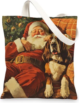 Generic Christmas Basset Hound Dog Canvas Tote Bag for Shopping 13x15, Xmas Santa Puppy Reusable Grocery Print Pattern Bag for Women, Pet New Year Beach Aesth