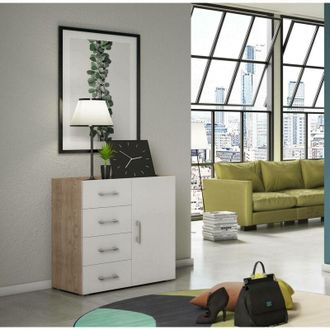 Dmora Aparador Dnag, Buffet Con 1 Puerta Y 4 Cajones, Aparador De Sal&oacute;n, Mueble Multiusos Con Baldas, 100% Made In Italy, 90x41h87 Cm, Blanco Y Roble - Dmor