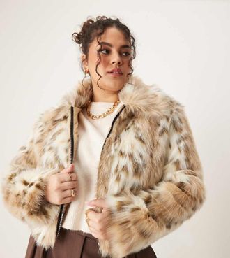 Asos Curve ASOS DESIGN Curve faux fur bomber jacket in snow leopard print-Multi
