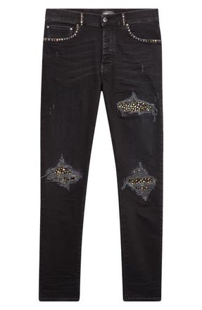 Amiri MX1 Studded Patch Ripped Skinny Jeans in Vintage Black at Nordstrom, Size 31