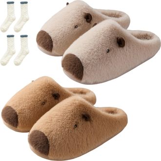 Generic Capybara Slippers for Women, 3D Plush Warm Capibara Hous Slippers, Cute Fluffy Non Slip for Indoor Outdoor (Khaki+Beige, UK, Adult, Women, 9.5, Numeri