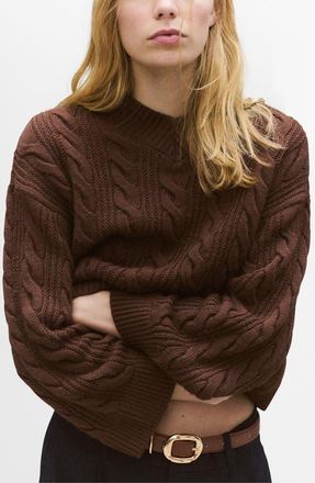 Mango Cable V-Neck Sweater in Brown at Nordstrom, Size X-Small