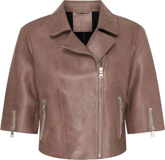 Notyz Diep Taupe Geknipt Jack met Glanzend Zilveren Acc - Dames - Leren en Su&egrave;de Jassen - Bruin - XS - Leer - Jassen