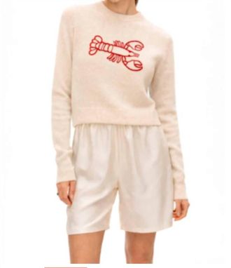 White + Warren Lobster Crewneck Cashmere Embroidered Sweater In Beige