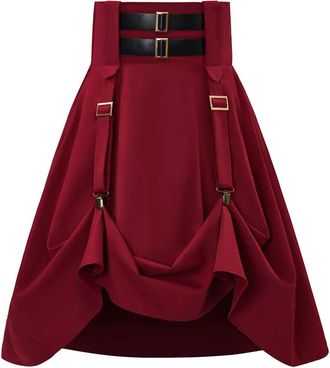 Generic Summer Black Long Pleated Skirt Women High Waist Irregular Skirt Swing Frill Midi Skirt Gothic Skirt-Red-XS
