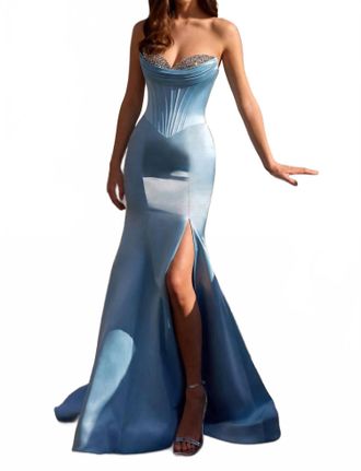 Sherri Hill Strapless Satin Corset Mermaid Gown In Light Blue